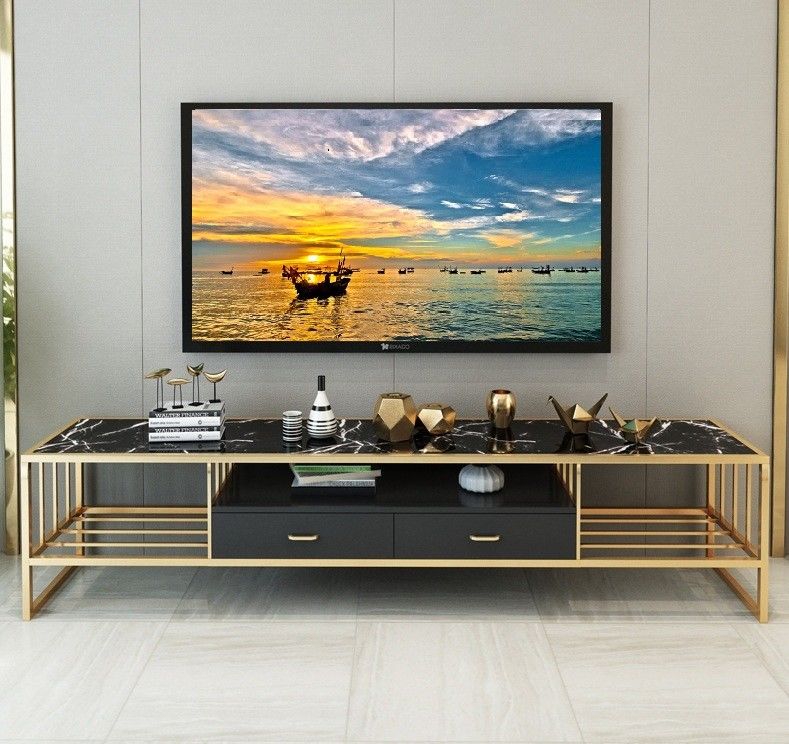Μακρύς πάγκος τοπ TV πολυτέλειας χρυσός μαρμάρινος στάσεων πλαισίων ανοξείδωτου
